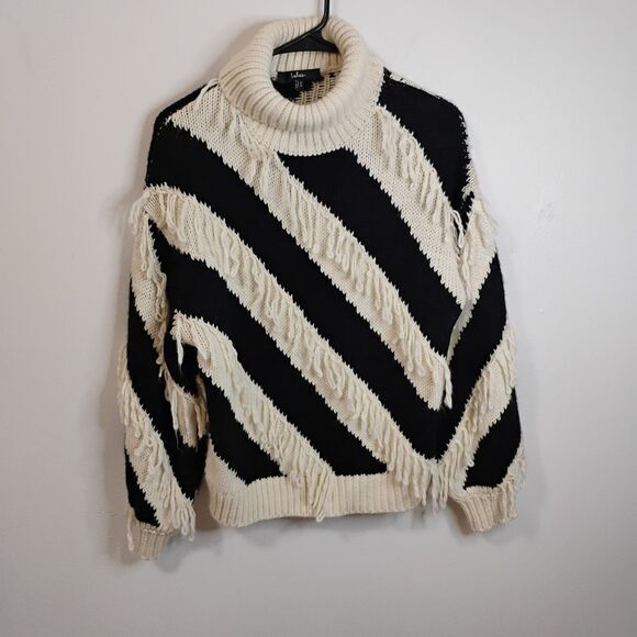 lulus Sweaters - Black & White Candy Cane Striped Knit Sweater Fringe Turtleneck Beatnik Paris Xs
